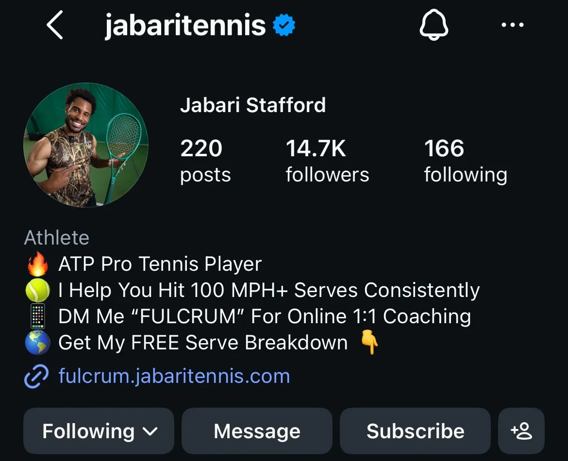 Instagram profile @jabaritennis showing 14.7K followers